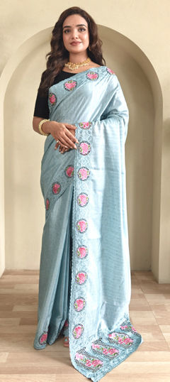 Blue color Saree in Tissue fabric with Embroidered, Resham, Sequence, Thread work