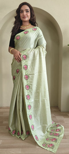 Green color Saree in Tussar Silk fabric with Embroidered, Resham, Sequence, Thread work