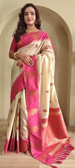 Beige and Brown, Pink and Majenta color Saree in Silk fabric with Weaving, Zari work