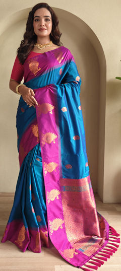 Blue, Pink and Majenta color Saree in Silk fabric with Weaving, Zari work