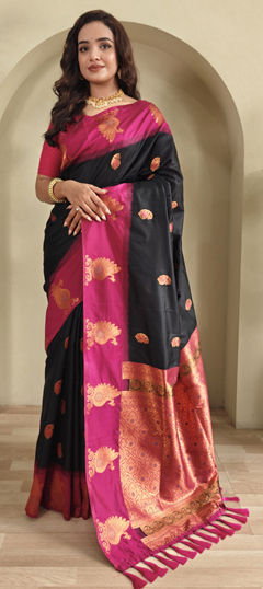 Black and Grey color Saree in Silk fabric with Weaving, Zari work