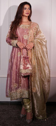 Pink and Majenta color Salwar Kameez in Chinon Silk fabric with Bugle Beads, Embroidered, Sequence, Zari work
