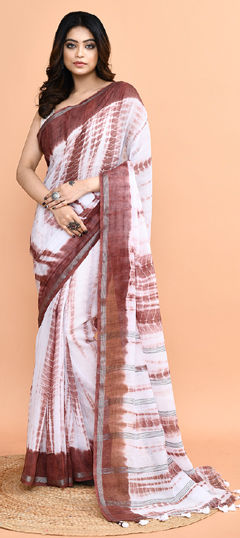 Beige and Brown, White and Off White color Saree in Cotton fabric with Printed, Tye n Dye work