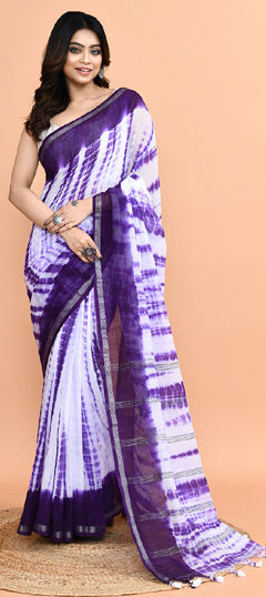 Purple and Violet, White and Off White color Saree in Cotton fabric with Printed, Tye n Dye work