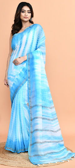 Blue, White and Off White color Saree in Cotton fabric with Printed, Tye n Dye work