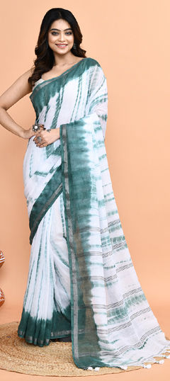 Green, White and Off White color Saree in Cotton fabric with Printed, Tye n Dye work
