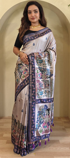 Beige and Brown color Saree in Viscose fabric with Printed work