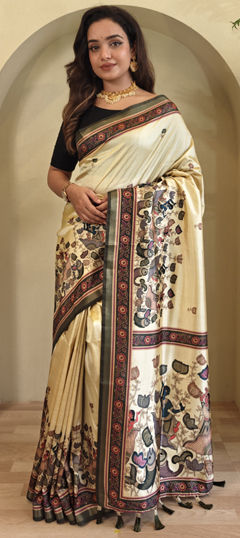 Beige and Brown color Saree in Viscose fabric with Printed work