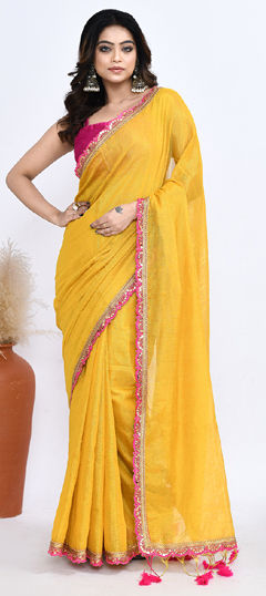 Yellow color Saree in Tissue fabric with Lace, Sequence work