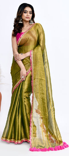 Green color Saree in Tissue fabric with Lace, Sequence work