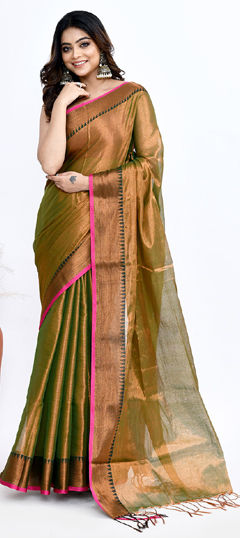 Green color Saree in Tissue fabric with Weaving work