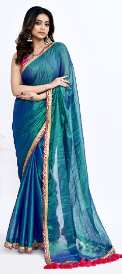 Blue color Saree in Tissue fabric with Lace, Sequence work
