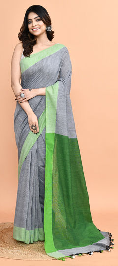 Black and Grey color Saree in Cotton fabric with Thread work