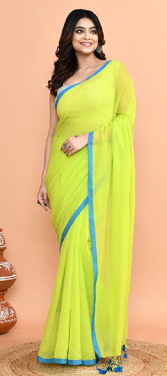 Green color Saree in Cotton fabric with Embroidered, Thread work