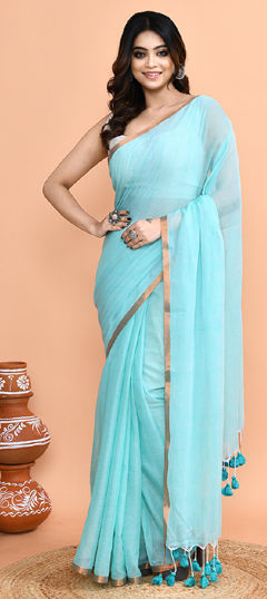 Blue color Saree in Cotton fabric with Lace work