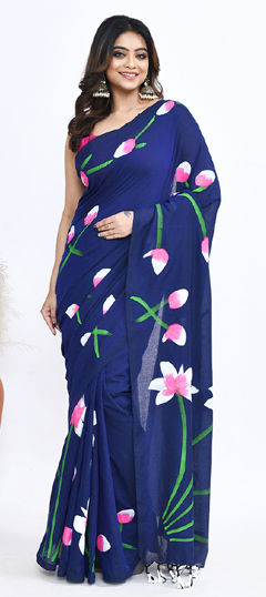 Blue color Saree in Cotton fabric with Floral, Printed work