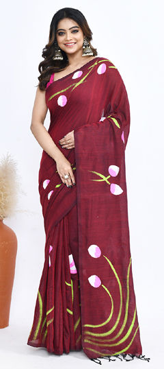 Red and Maroon color Saree in Cotton fabric with Floral, Printed work