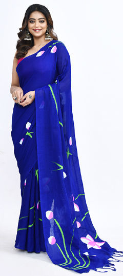 Blue color Saree in Cotton fabric with Floral, Printed work