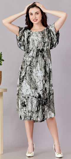 Black and Grey color Dress in Rayon fabric with Printed work