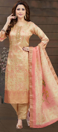 Yellow color Salwar Kameez in Brocade fabric with Embroidered, Printed, Thread, Weaving work