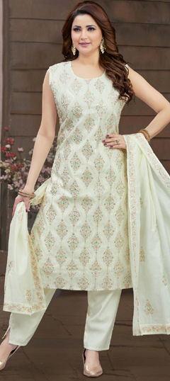 White and Off White color Salwar Kameez in Silk fabric with Embroidered, Sequence, Thread work