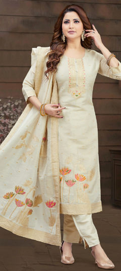 White and Off White color Salwar Kameez in Chanderi Silk fabric with Thread, Weaving, Zari work