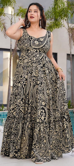 Black and Grey color Gown in Rayon fabric with Digital Print work