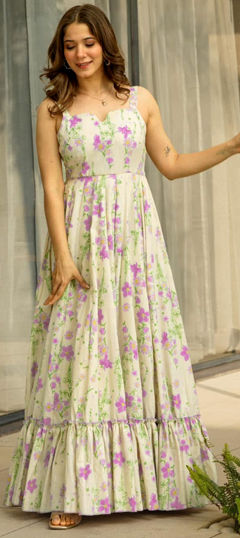 White and Off White color Gown in Rayon fabric with Digital Print, Floral work