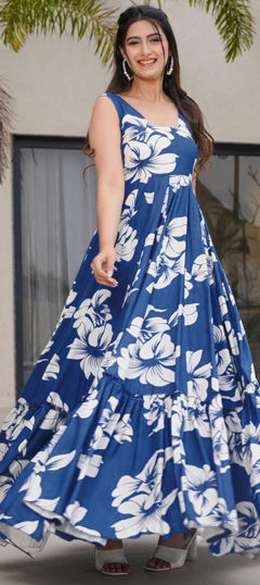 Blue color Gown in Rayon fabric with Digital Print, Floral work