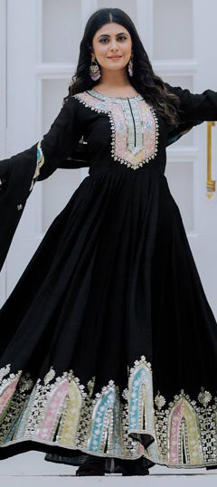 Black and Grey color Gown in Chinon Silk fabric with Patch, Sequence work