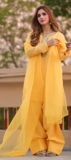 Yellow color Salwar Kameez in Faux Georgette fabric with Sequence work