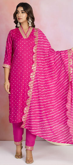 Pink and Majenta color Salwar Kameez in Viscose fabric with Bandhej, Sequence, Thread, Zari work