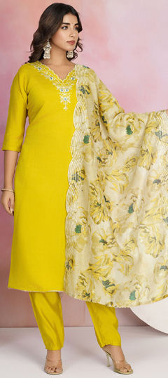 Yellow color Salwar Kameez in Viscose fabric with Embroidered, Resham, Thread work