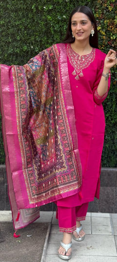 Pink and Majenta color Salwar Kameez in Art Silk fabric with Embroidered, Sequence, Thread work