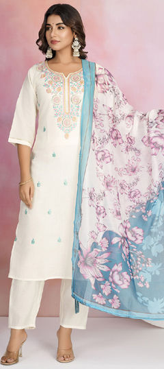 White and Off White color Salwar Kameez in Viscose fabric with Embroidered, Resham, Thread work
