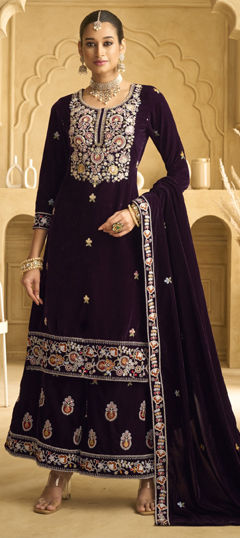 Purple and Violet color Salwar Kameez in Velvet fabric with Embroidered, Sequence, Thread, Zari work