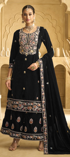 Black and Grey color Salwar Kameez in Velvet fabric with Embroidered, Sequence, Thread, Zari work