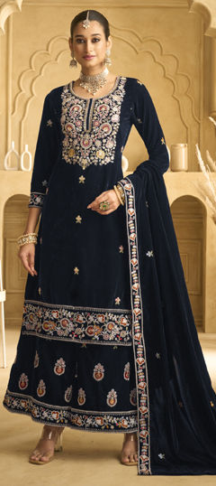 Blue color Salwar Kameez in Velvet fabric with Embroidered, Sequence, Thread, Zari work