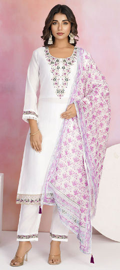 White and Off White color Salwar Kameez in Viscose fabric with Embroidered, Resham, Thread, Zari work