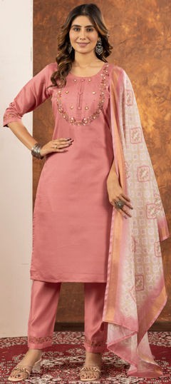 Pink and Majenta color Salwar Kameez in Art Silk fabric with Embroidered, Sequence, Thread work