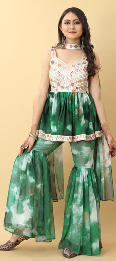 Green, White and Off White color Salwar Kameez in Georgette fabric with Embroidered, Resham, Sequence, Thread work