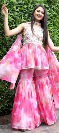 Pink and Majenta, White and Off White color Salwar Kameez in Georgette fabric with Embroidered, Resham, Sequence, Thread work