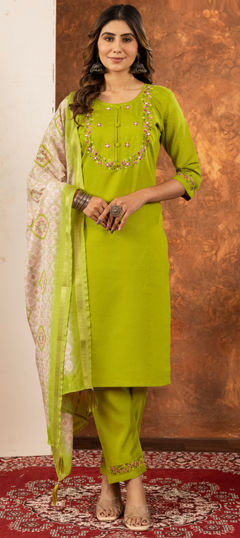 Green color Salwar Kameez in Art Silk fabric with Embroidered, Sequence, Thread work