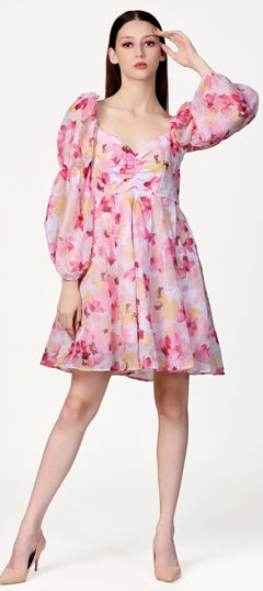 Pink and Majenta color Dress in Organza Silk fabric with Digital Print, Floral work