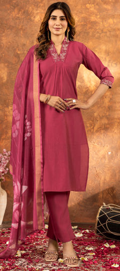 Red and Maroon color Salwar Kameez in Muslin fabric with Embroidered, Sequence, Thread work