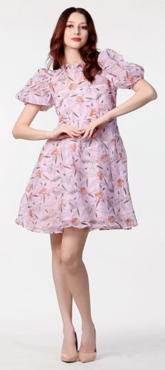 Pink and Majenta color Dress in Organza Silk fabric with Digital Print, Floral work