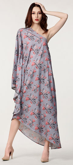 Black and Grey color Dress in Crepe Silk fabric with Digital Print, Floral work