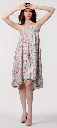 Beige and Brown color Dress in Faux Georgette fabric with Digital Print, Floral work