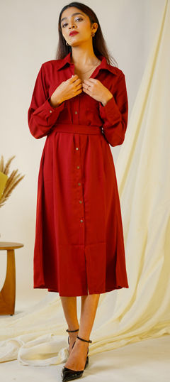 Red and Maroon color Dress in Satin Silk fabric with Thread work