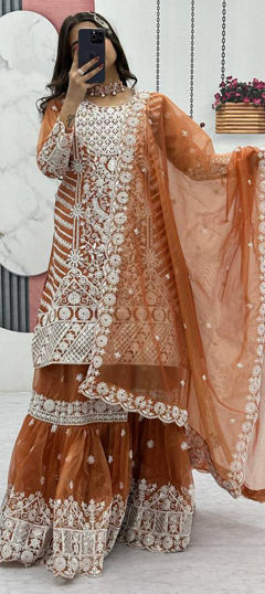 Beige and Brown color Long Lehenga Choli in Net fabric with Embroidered, Resham, Thread work